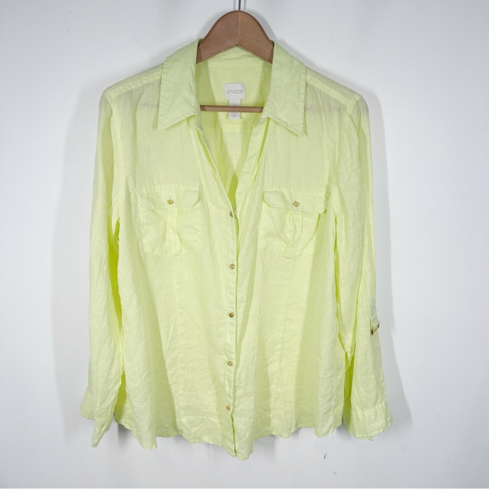 Chico's Light Yellow Linen Button Down Women's Top Size 2 Large Rolltab Sleeve